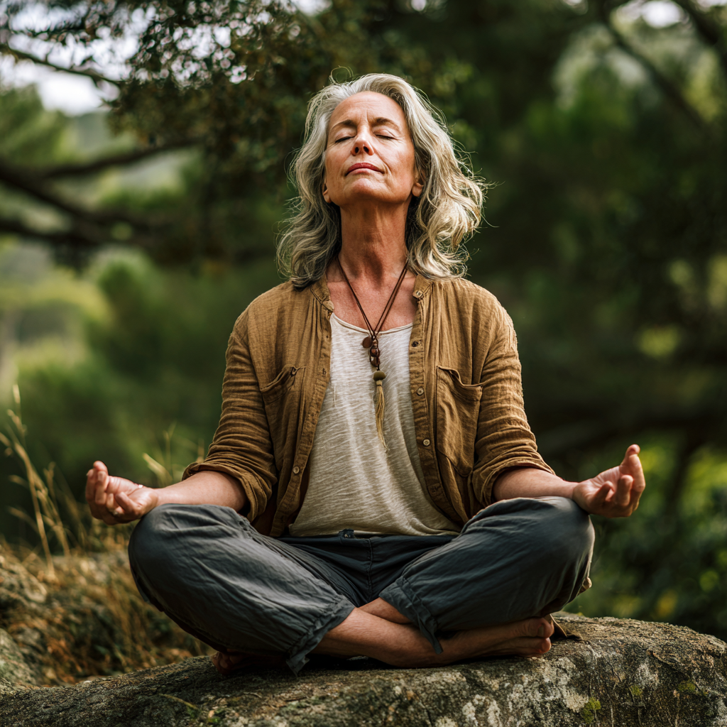 Mature woman practicing yoga meditation in peaceful natural setting